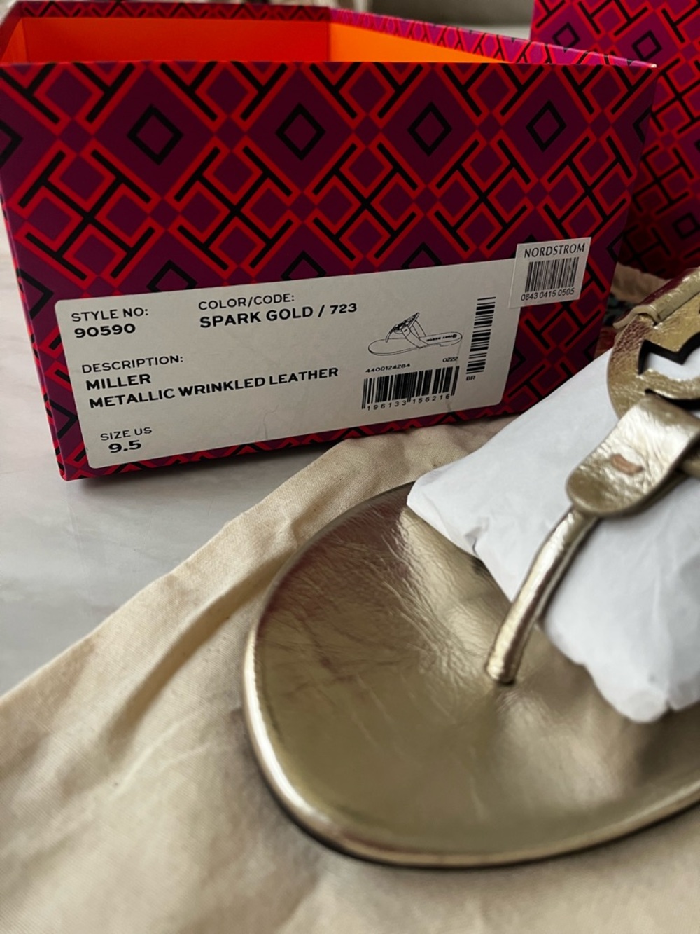 NIB Tory Burch Metallic Gold Miller Logo Thong Sandals - Picture 2 of 8